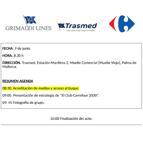Trasmed acogerá la presentación de la estrategia de “El Club Carrefour 2030” en Palma de Mallorca, a bordo del “Ciudad de Sóller”, con la asistencia de Alexandre Bompard, CEO global de Carrefour, y de Elodie Perthuisot, CEO de Carrefour España