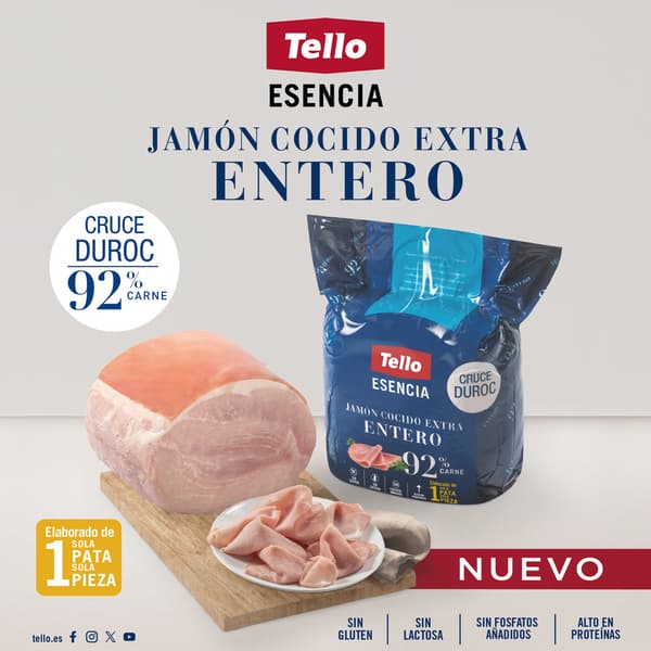Grupo Tello renueva su Jamón Cocido Entero, ahora Esencia, con cruce Duroc y más proteína